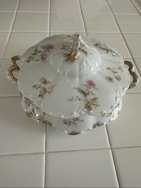 Haviland Porcelain Floral Covered Serving Dish - White with Pink & Gold Accents